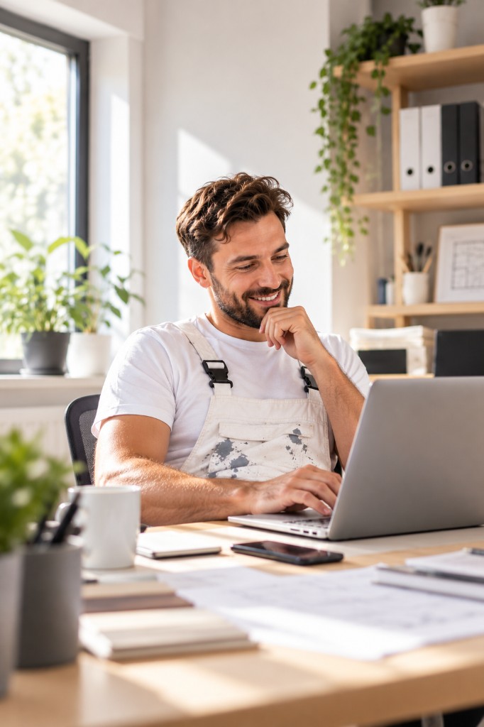 Maler im Büro am Laptop